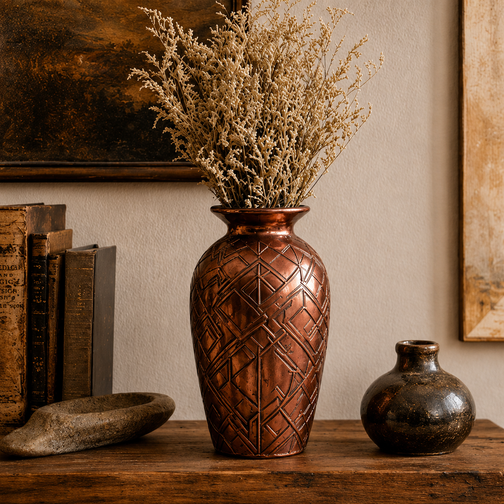 Antiqued Copper Geometric Art Deco Vase