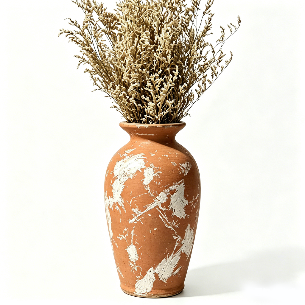 Distressed Terracotta and White Artisan Urn Vase