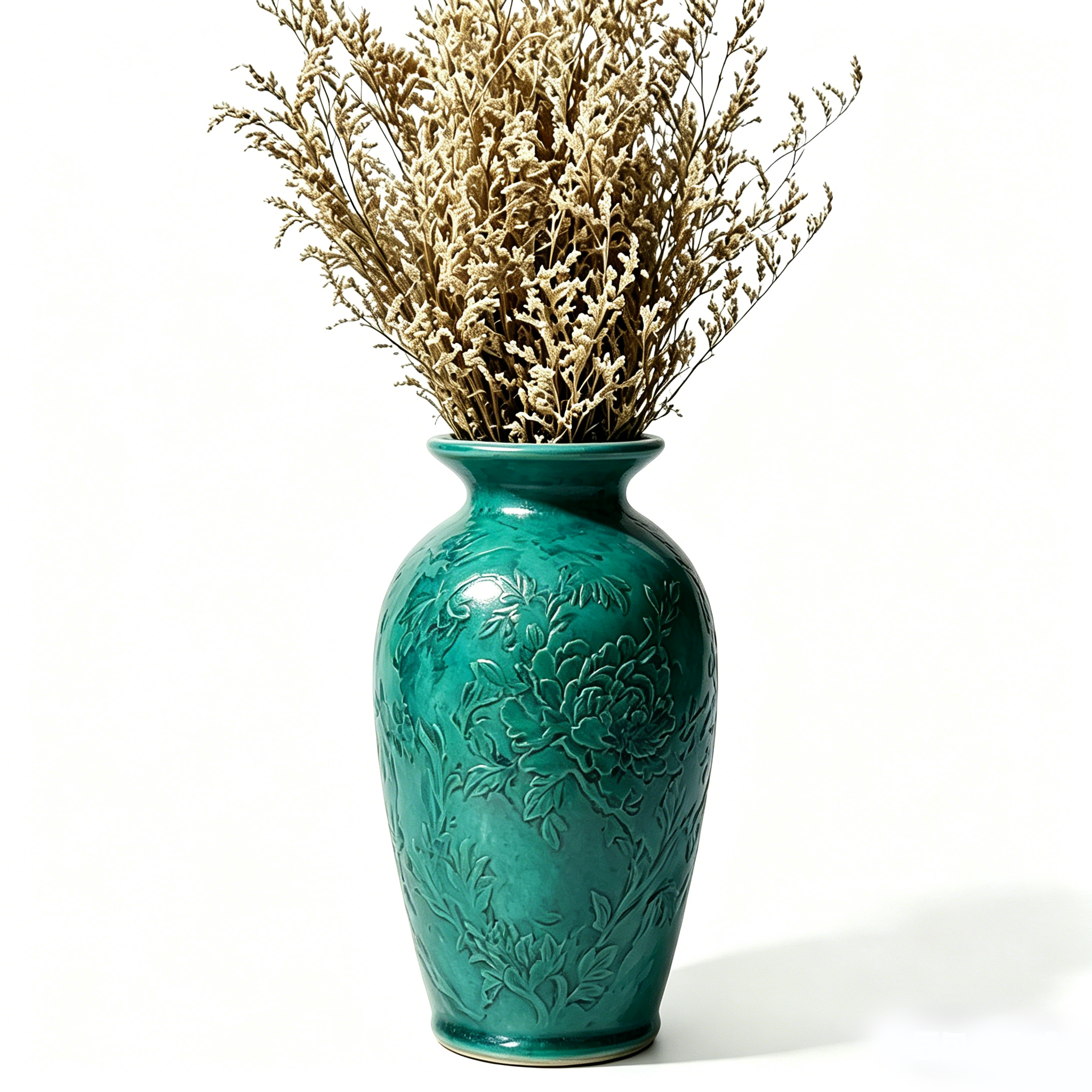 Vibrant Teal Floral Relief Urn Vase