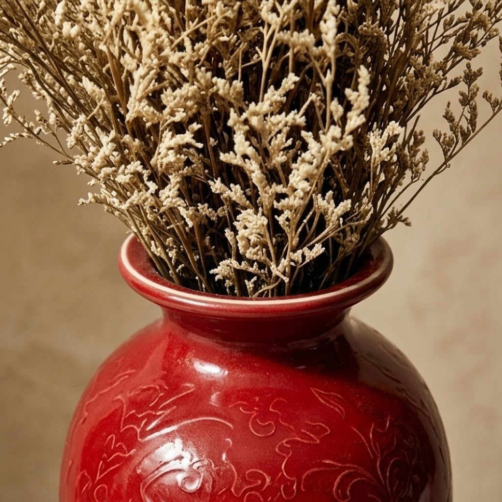 Crimson Lotus Relief Urn Vase