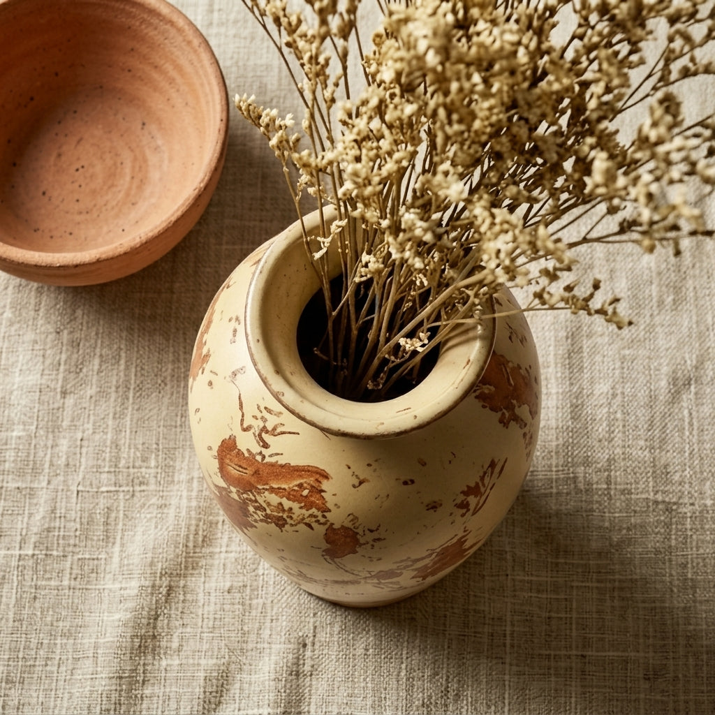 Weathered Beige and Terracotta Urn Vase
