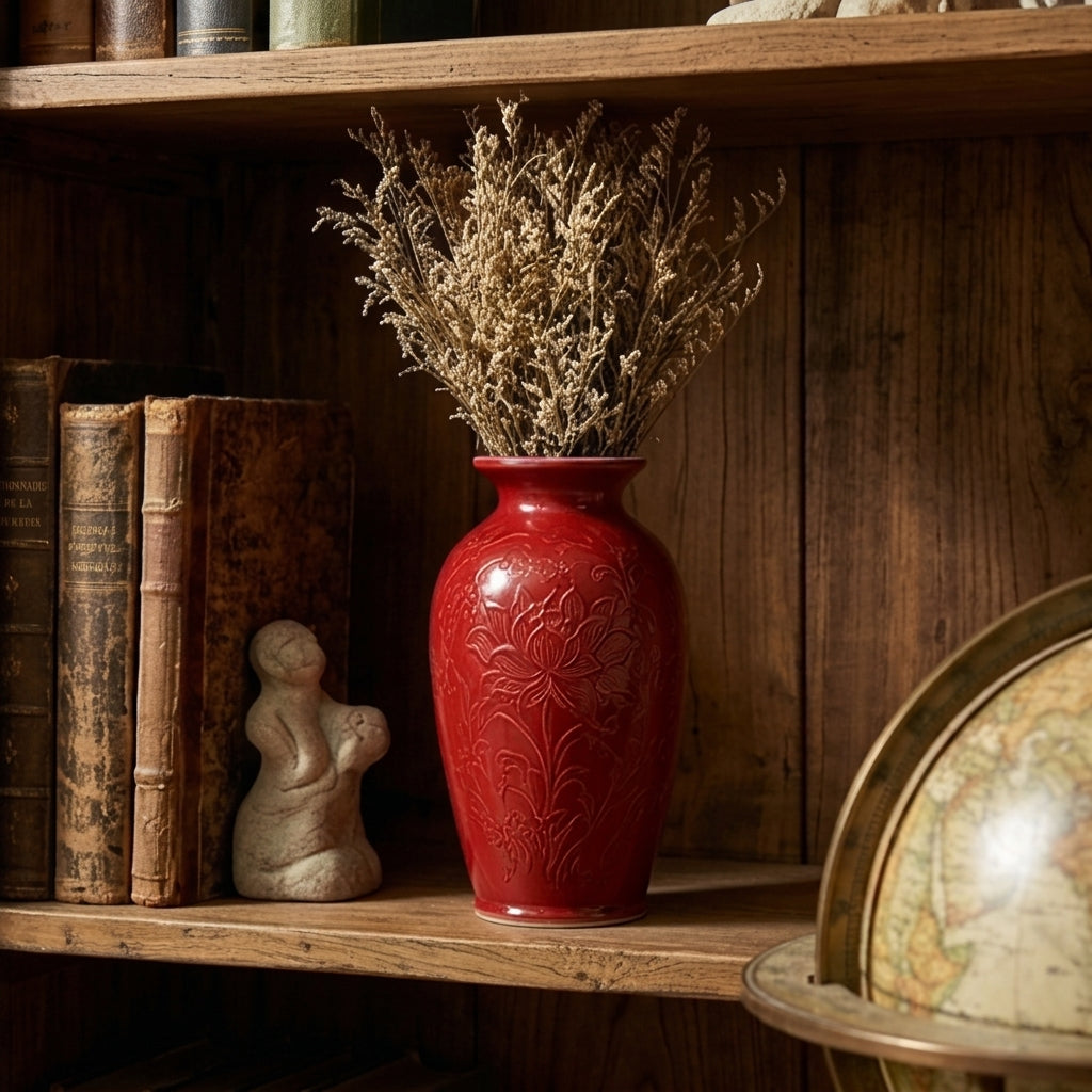Crimson Lotus Relief Urn Vase