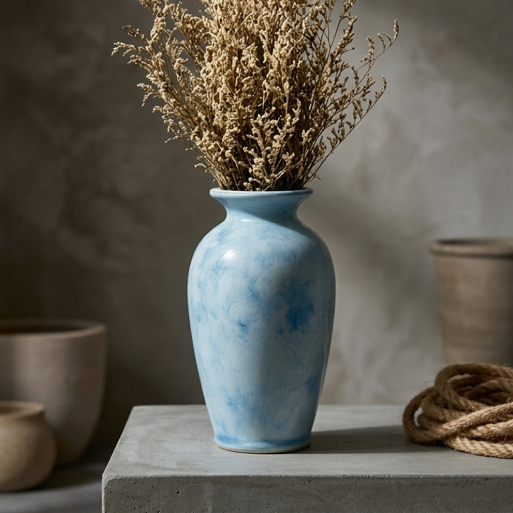 Mottled Sky Blue Watercolor Urn Vase