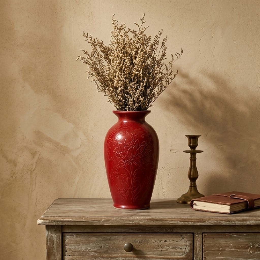 Crimson Lotus Relief Urn Vase