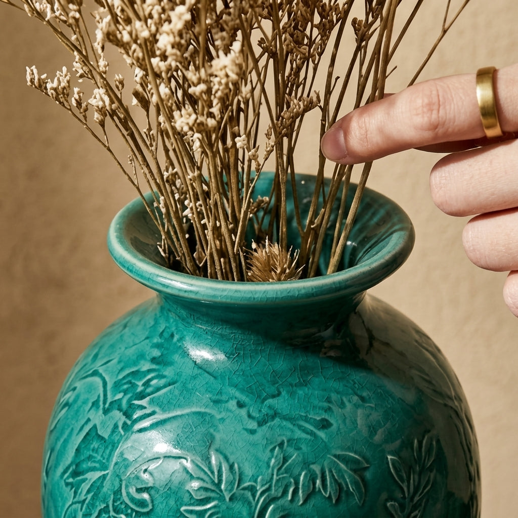 Vibrant Teal Floral Relief Urn Vase