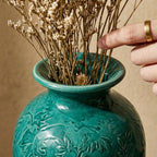 Vibrant Teal Floral Relief Urn Vase