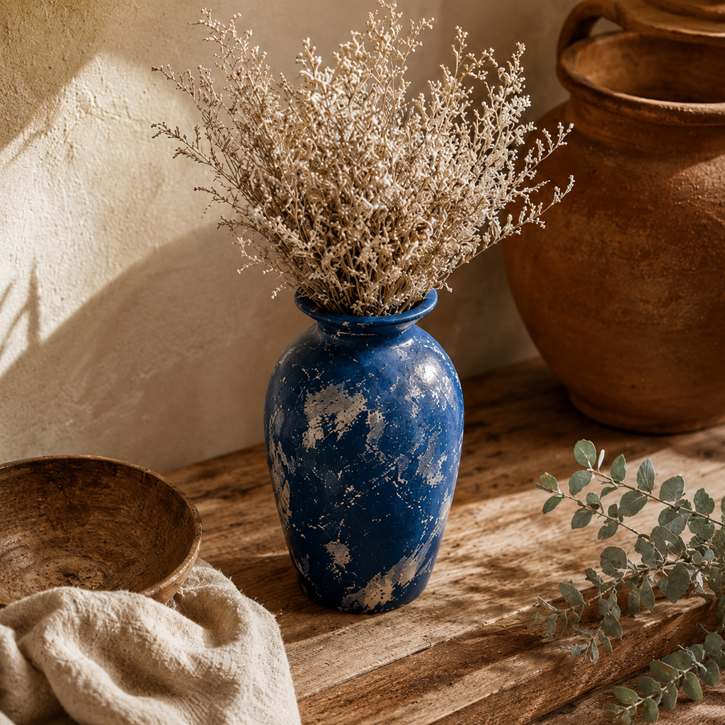 Distressed Navy and Silver Patina Urn Vase