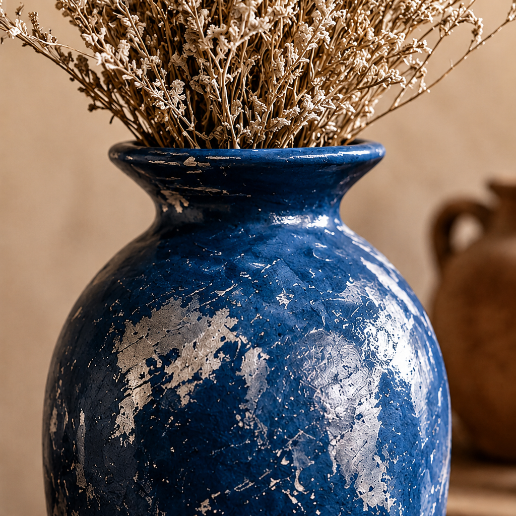 Distressed Navy and Silver Patina Urn Vase