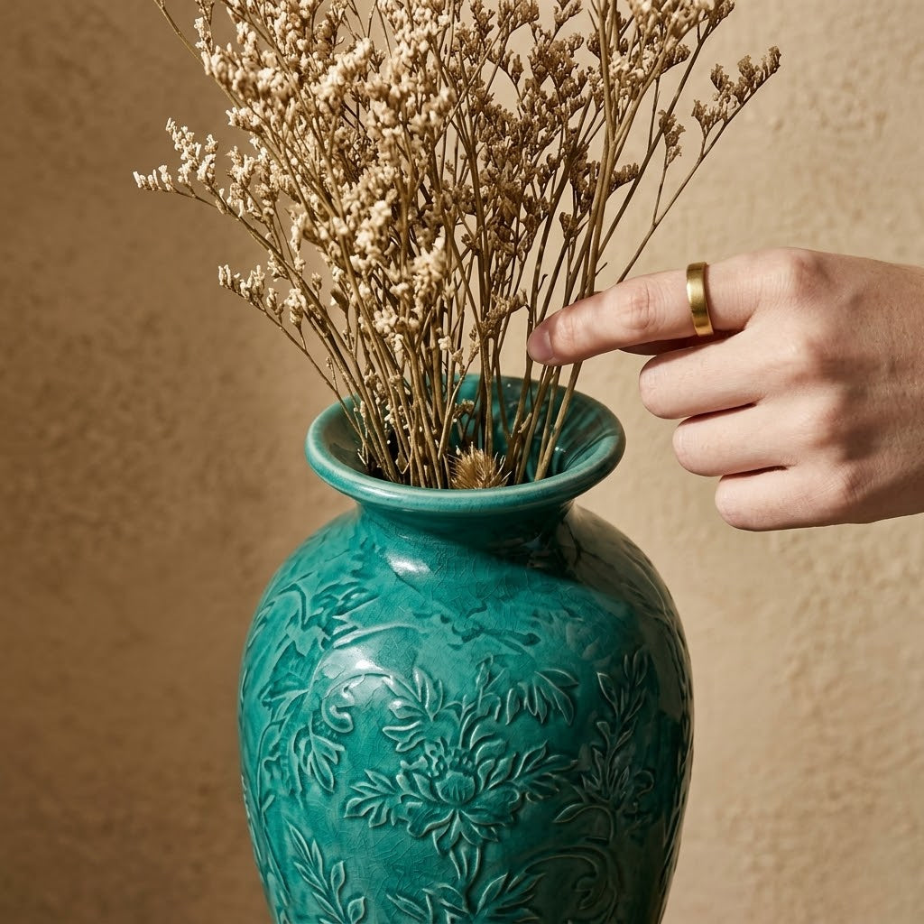 Vibrant Teal Floral Relief Urn Vase