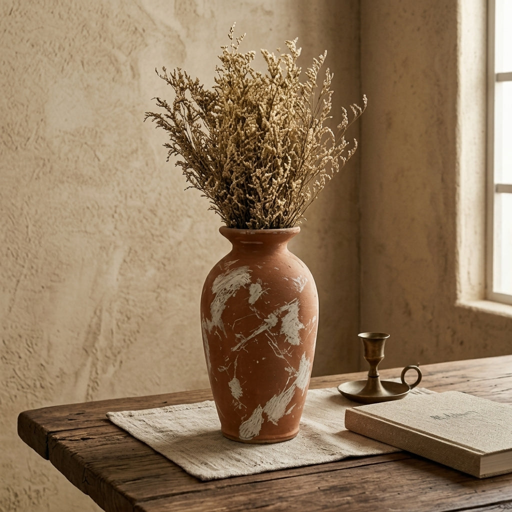 Distressed Terracotta and White Artisan Urn Vase