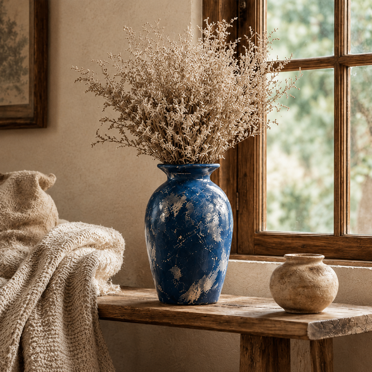 Distressed Navy and Silver Patina Urn Vase