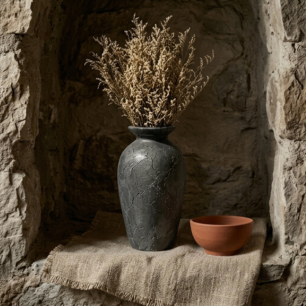Weathered Charcoal Crackle Urn Vase