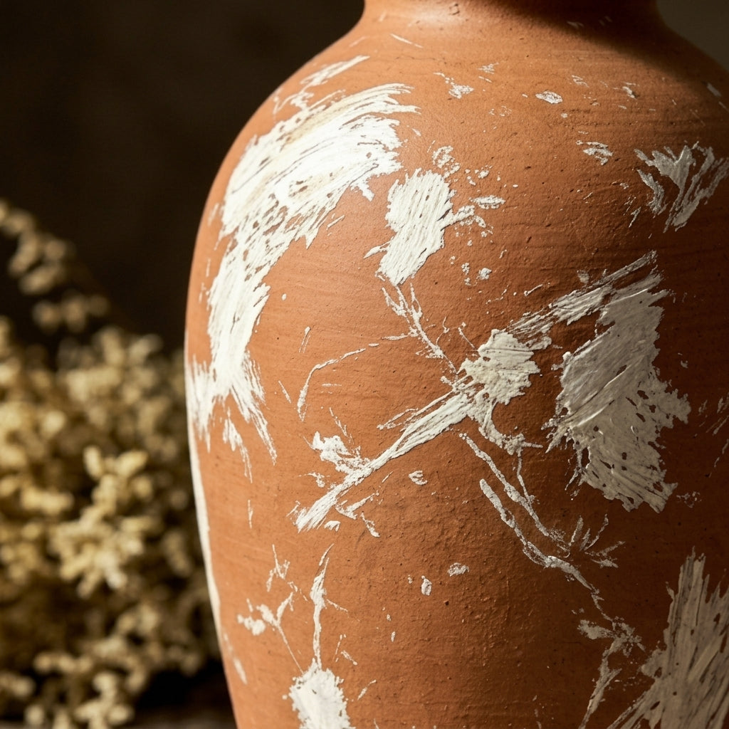 Distressed Terracotta and White Artisan Urn Vase