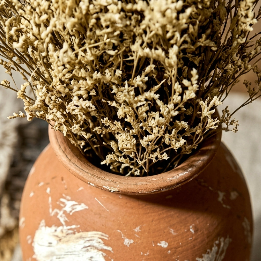 Distressed Terracotta and White Artisan Urn Vase