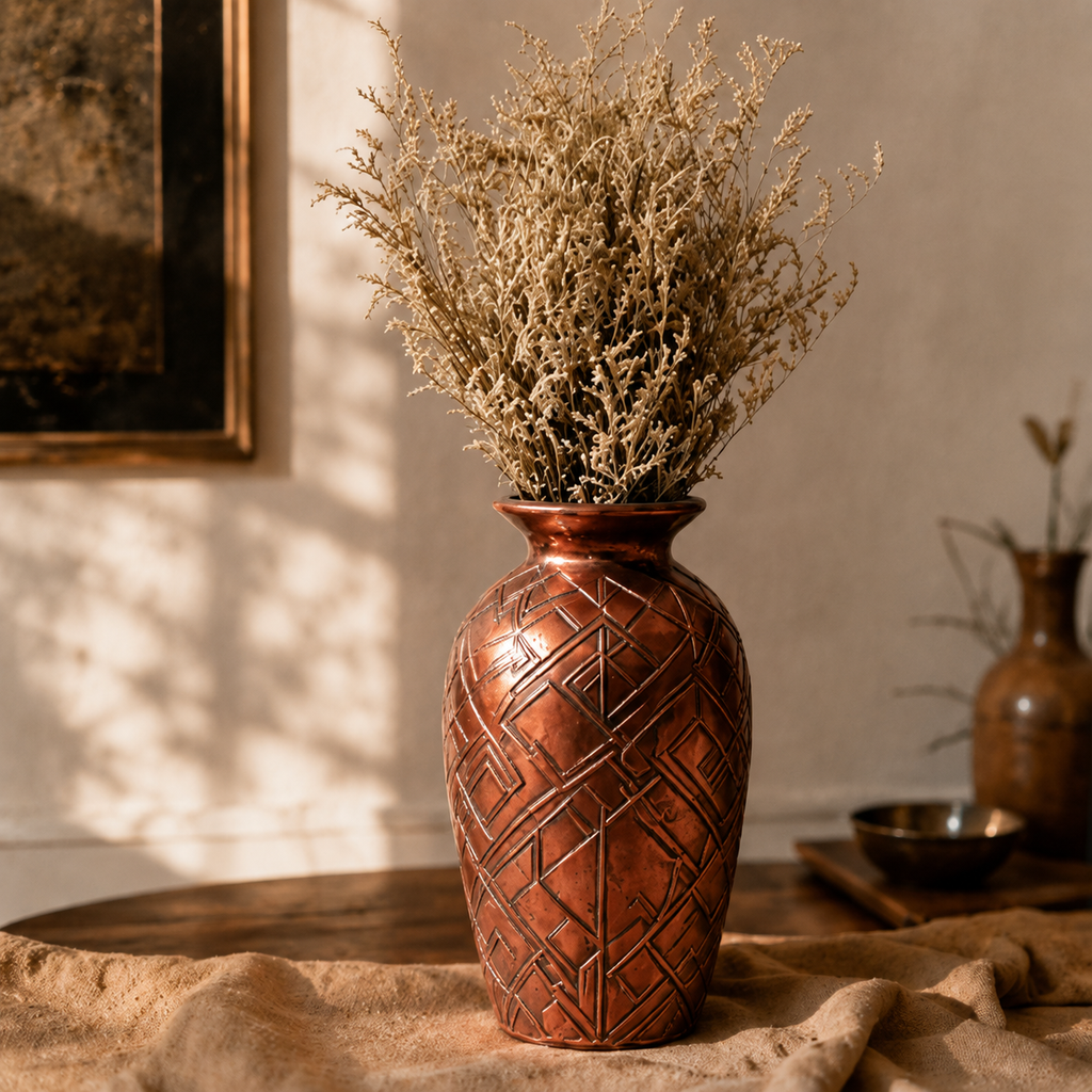 Antiqued Copper Geometric Art Deco Vase