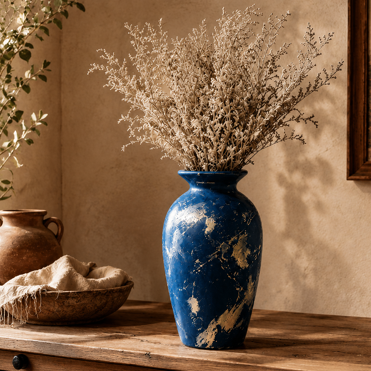 Distressed Navy and Silver Patina Urn Vase